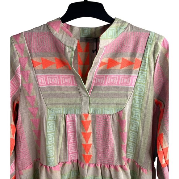 Anthropologie Luisa Perla Tiered Split Neck Bell Slevee Aztec Tribal Dress Small - Picture 15 of 16